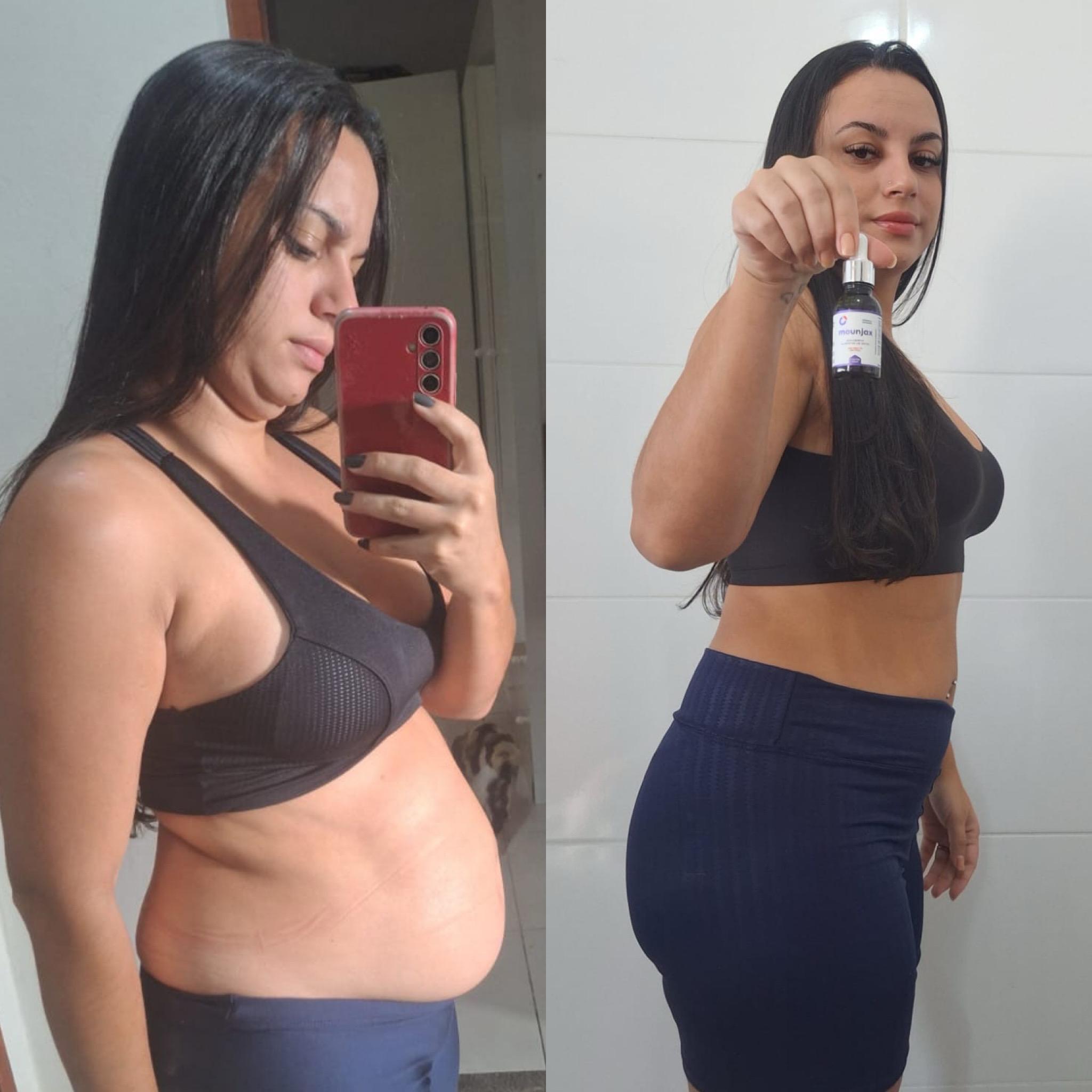 Resultado antes e depois com Mounjax de frente e costas mostrando a queima de gordura